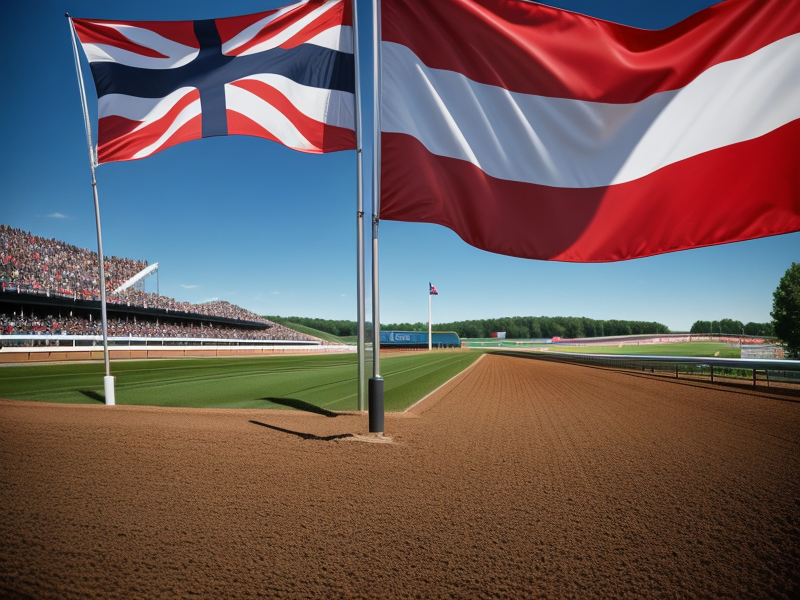 Images of international flags with Virginia racetracks and events in the background. in Photorealism style