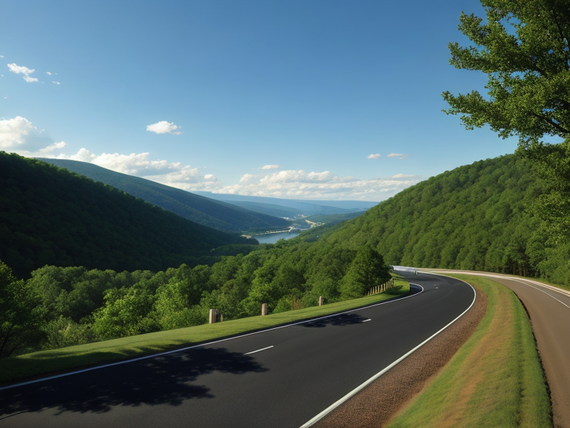 Scenic images of Virginia drive routes, featuring beautiful landscapes and cars on the road. in Photorealism style