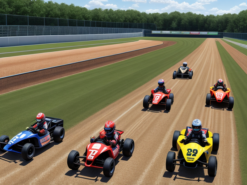 Karts racing on Virginia tracks, showing racers of various ages and skill levels. in Photorealism style