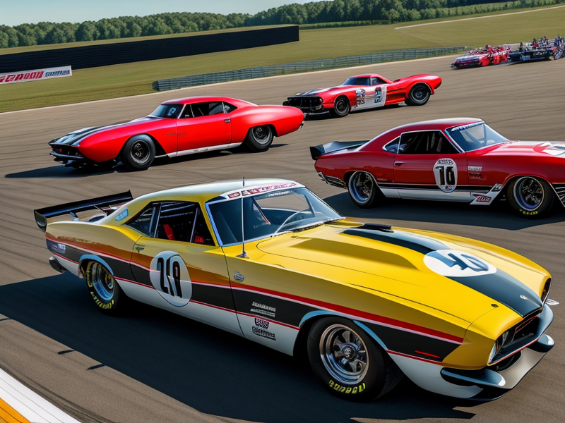 Historic and modern drag racing cars side by side, with a Virginia racetrack in the background.
 in Photorealism style