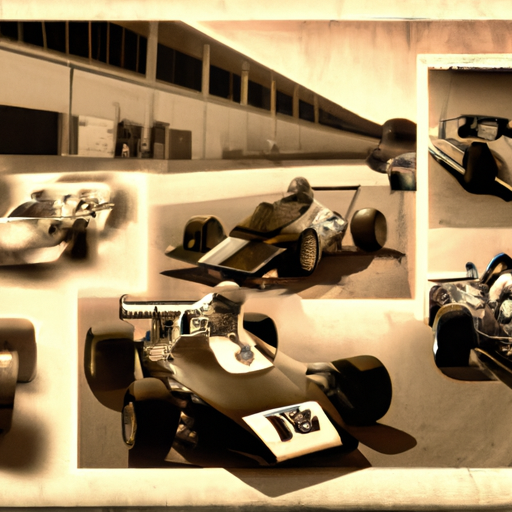 Sepia-toned montage of iconic racers at Virginia Motorsports. in Photorealism style