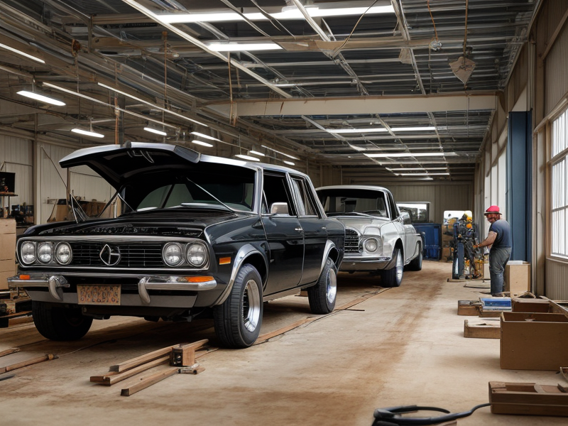 Images of car building workshops in Virginia, featuring builders at work. in Photorealism style