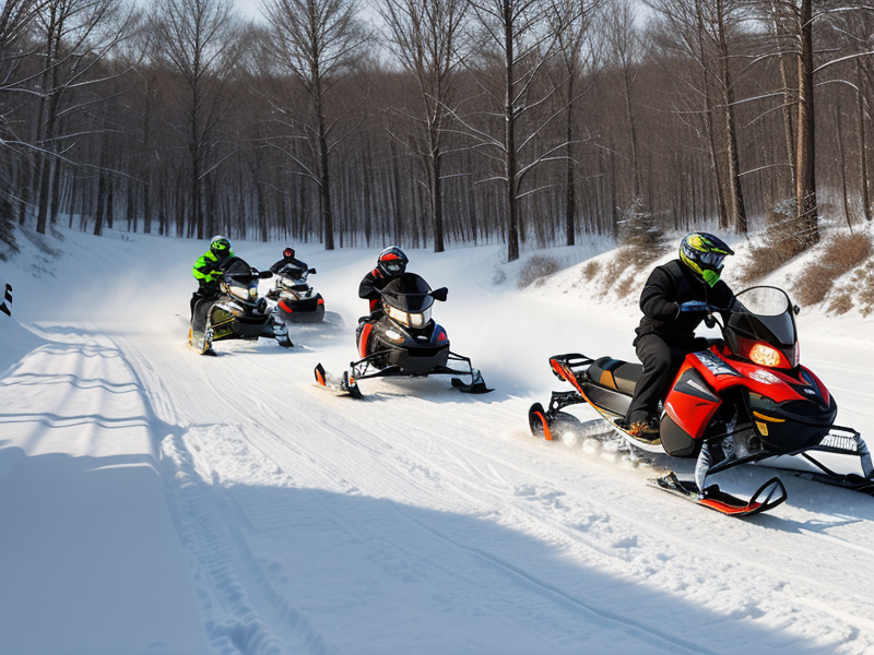 Snowmobiles racing in Virginia's snowy landscapes.
 in Photorealism style