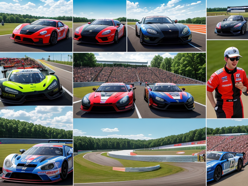 Collage of community events, charity races, and volunteer activities in Virginia motorsports. in Photorealism style