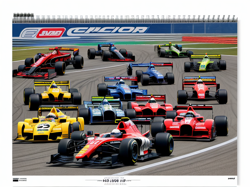 A calendar graphic with dates and logos of the events, featuring various racing vehicles. in Photorealism style